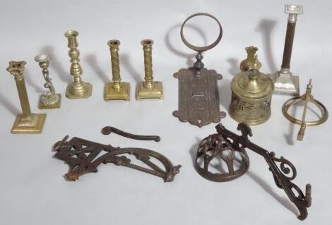 Various metalware to include 19thC and later brass candlesticks