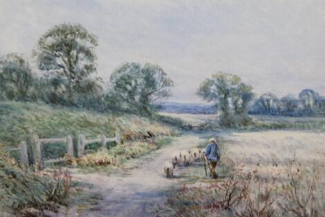 E A Langdon (19thC). Figure driving sheep on a country path