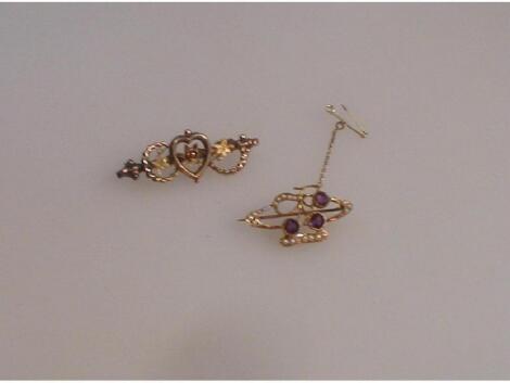 A Victorian 15ct gold amethyst and seed pearl brooch and another