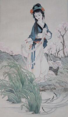 20thC Oriental School. Figure of a geisha on a country path - 2