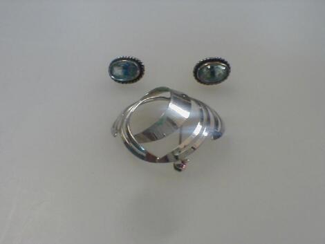 A pair of silver and turquoise paste earrings together with a brooch stamped