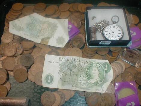 A quantity of coins, silver pocket watch, chain and ingot (tray)