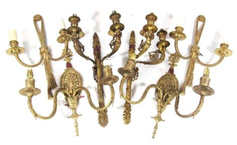 A harlequin set of six gilt metal neo-Classical two branch wall sconces