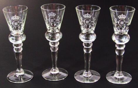 A set of four late 18thC style partially etched drinking glasses