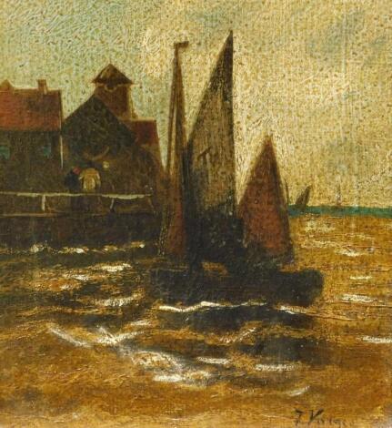 J Varges (19thC). Sailing boat near harbour