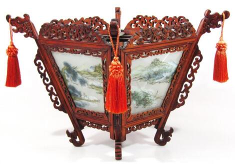 A Chinese glazed and soft wood hanging lantern