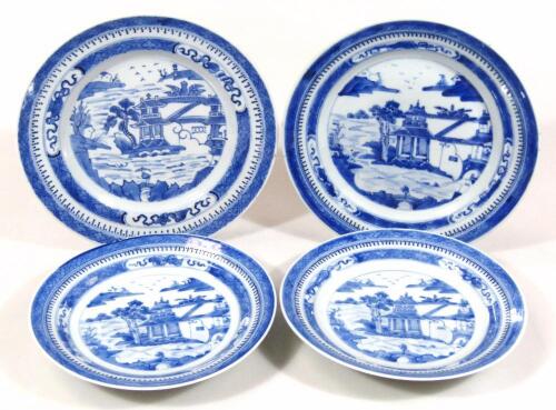 Four Chinese blue and white plates