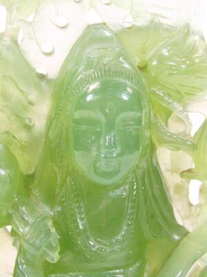 A modern carved green jade style figure group of hotei - 5