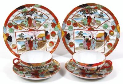 A late Meiji period Japanese egg shell porcelain double cabinet trio