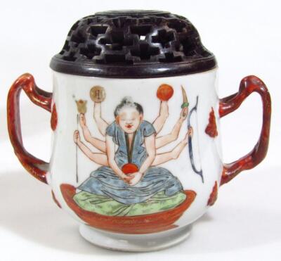 A 19thC Chinese porcelain loving cup with bulbous body and entwined handles - 3