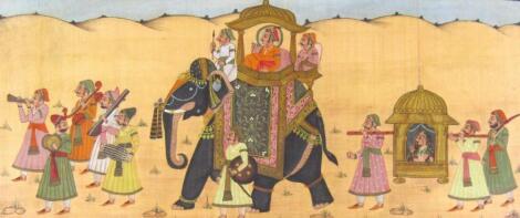 19thC Indian School. Figures in procession with elephant and sedan chair