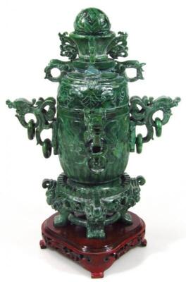 A Chinese late Qing period polished spinach jade coloured stone censer and cover - 2