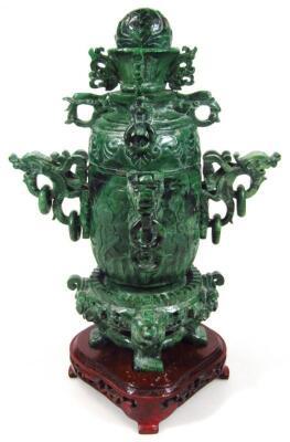 A Chinese late Qing period polished spinach jade coloured stone censer and cover - 5