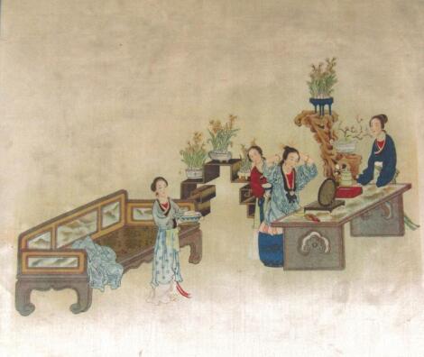 19thC Chinese School. Figures in an interior setting