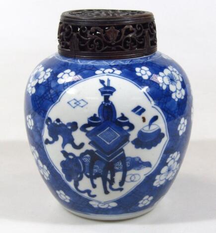 An 18thC blue and white Chinese pottery prunus ginger jar
