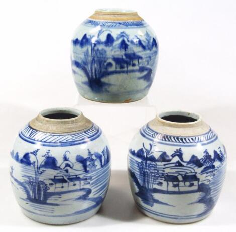 Three various Chinese blue and white pottery ginger jars