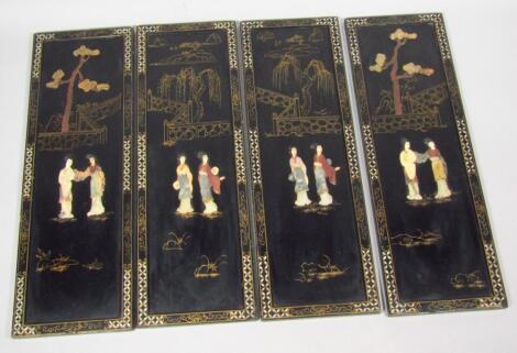 A set of four late 19thC Chinese lacquer panels