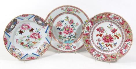 Three late 18thC Chinese famille rose porcelain plates