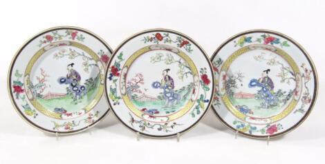 A set of three 18thC Chinese famille jaune porcelain plates