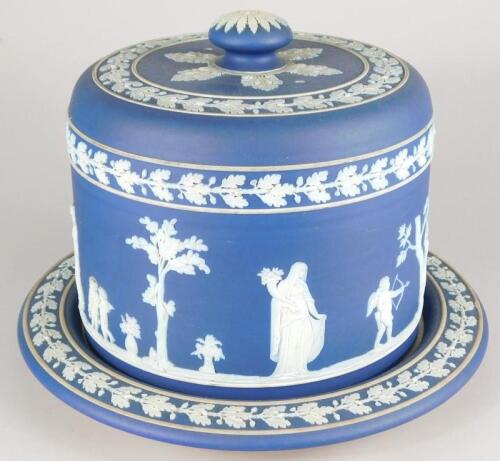 A late 19thC/early 20thC Wedgwood blue Jasperware cheese dome and cover