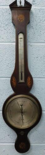 A 19thC mahogany and marquetry inlaid banjo barometer