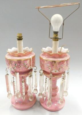 A pair of Victorian pink glass lustres