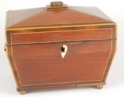 A George III mahogany and boxwood strung tea caddy