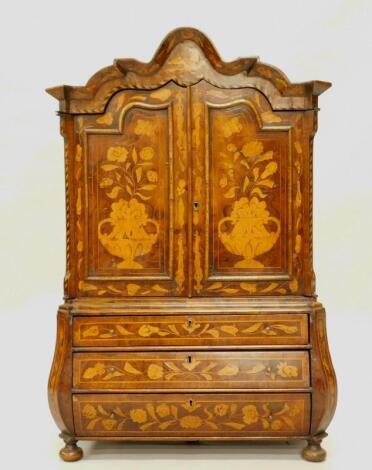 A late 20thC Dutch walnut and floral marquetry miniature cabinet