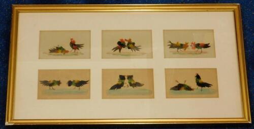 A set of six 19thC feather and watercolour pictures