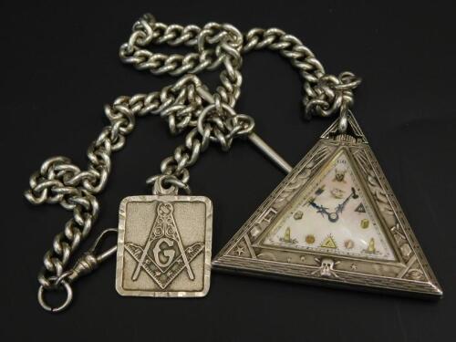 An early 20thC Continental silver Masonic crown wind triangular pocket watch