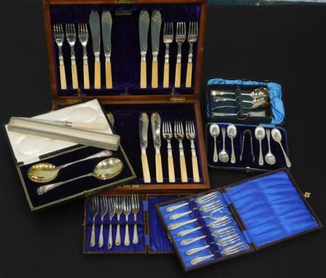 Seven various cased sets of silver plated cutlery and flatware.