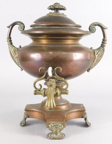 A mid 19thC copper two handled tea urn