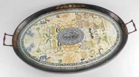 An early 20thC black Japanned oval tray