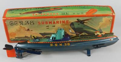 A Marusan Toys submarine SSN38 tin plate submarine