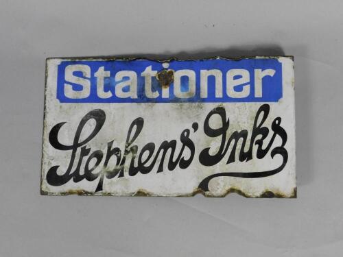 A Stationer Stephen's Inks blue and white enamel advertising sign