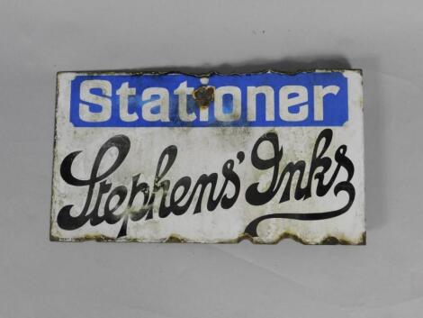 A Stationer Stephen's Inks blue and white enamel advertising sign