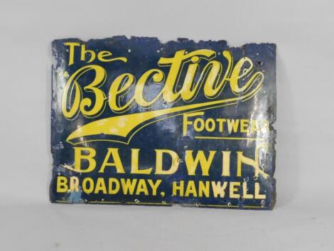 A Bective Footwear blue and yellow enamel rectangular advertising sign