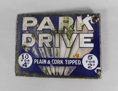 A Park Drive blue and white rectangular enamel advertising sign