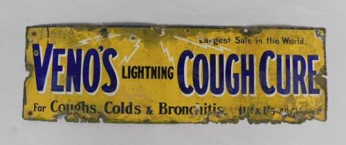 A Veno's Lightning Cough Cure rectangular blue and yellow enamel advertising sign