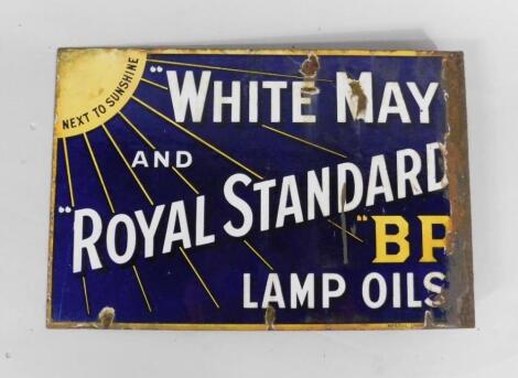 A White May and Royal Standard BP lamp oils blue and white enamel advertising sign