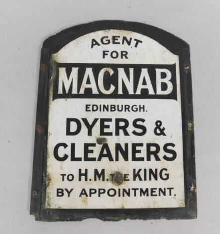 A MacNab Dyers & Cleaners arched black and white enamel advertising sign