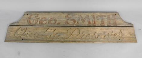 A Geo Smith Quality Preserves painted wooden advertising sign