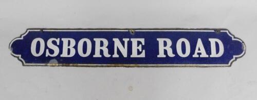 An oblong blue and white enamel street sign Osborne Road
