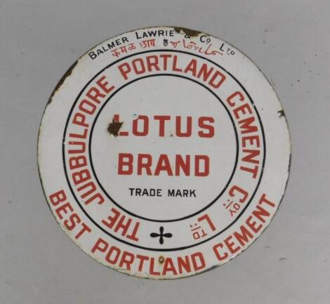 A Lotus Brand circular red and white enamel advertising sign