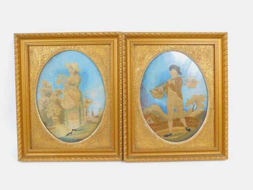 A pair of Georgian silk work pictures; lady with wheat and a man with two baskets of grapes