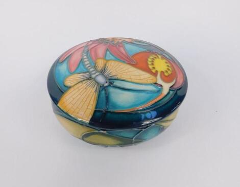 A Moorcroft pottery powder bowl and cover decorated in the Mayfly pattern