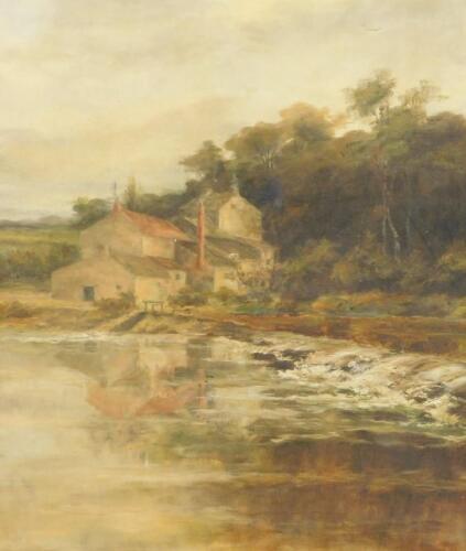 T B Patterson (19thC). River landscape with farm buildings