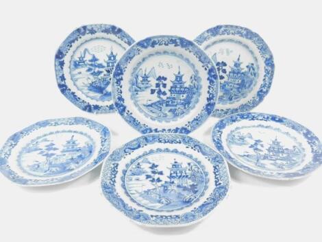 A near matching set of six 18thC Chinese blue and white export plates