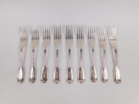 A Harlequin part set of Victorian silver forks