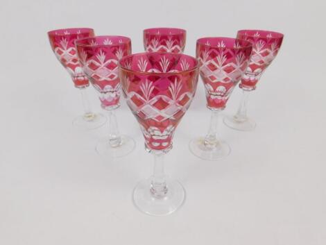 A set of six Bohemian cranberry flashed glass wine glasses